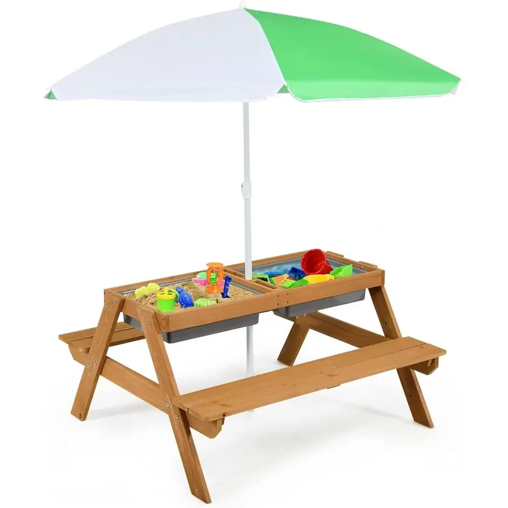Kids Outdoor Furniture Set - 4-in-1 나무 모래놀이 및 물놀이 피크닉