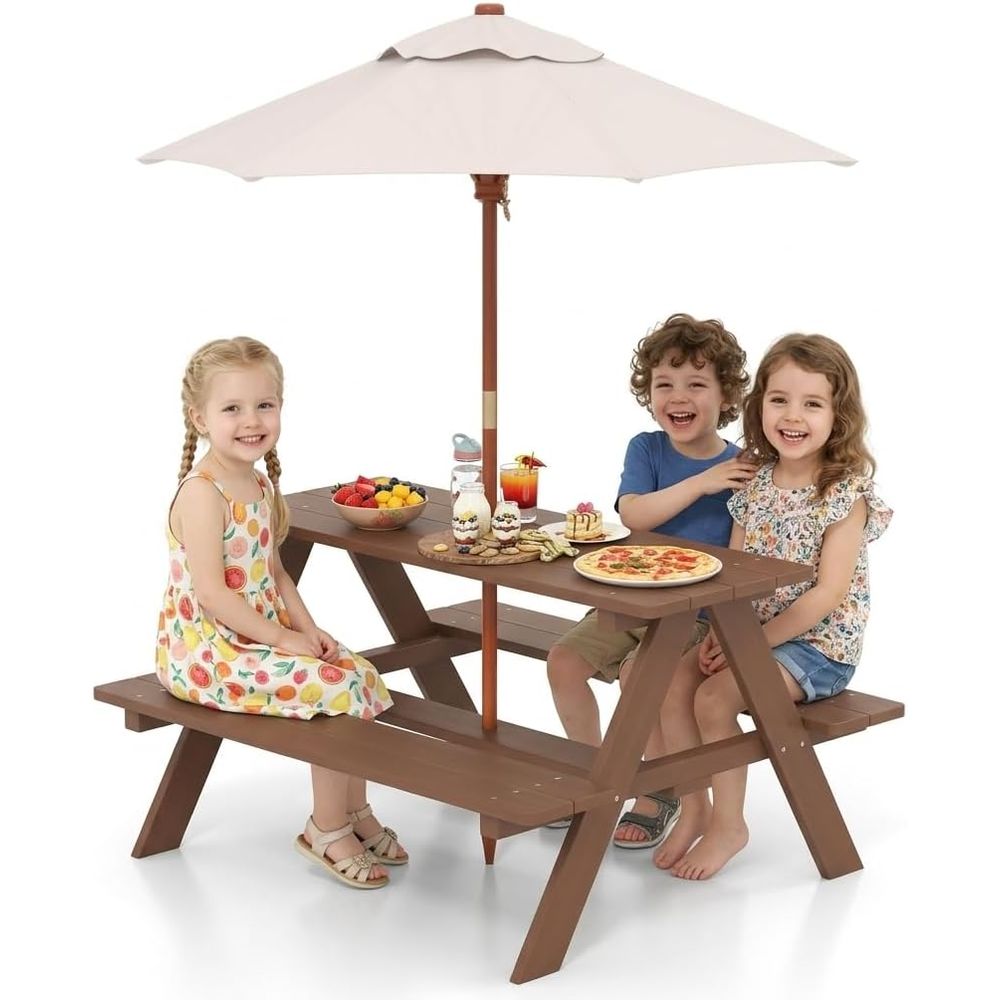 Kids Outdoor Table And Chairs With Umbrella - 어린이 피크닉 테이블, IR 목재 어린이