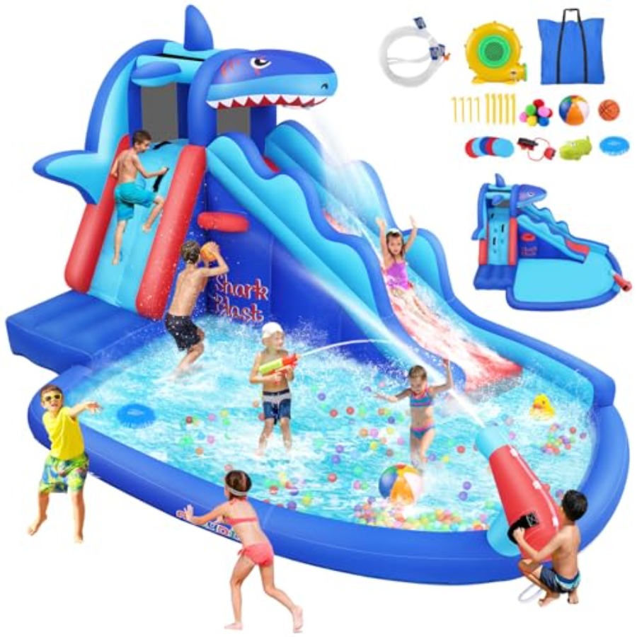 Kids Outdoor Inflatable Water Slide - 야외/실내용 어린이용(3~12세) 상어 테마 파란색과 노란색