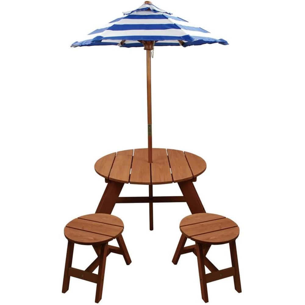 Kids Outdoor Table And Chairs With Umbrella - 튼튼한 원형 나무 테이블 세트(의자 2개와