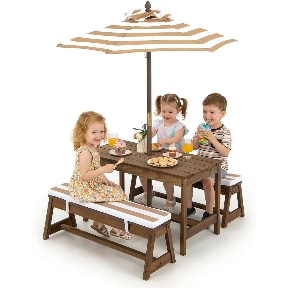 어린이 피크닉 테이블, 유아용 나무 테이블 및 의자 세 - Kids Outdoor Table And Chairs With Umbrella 리뷰 및 가격