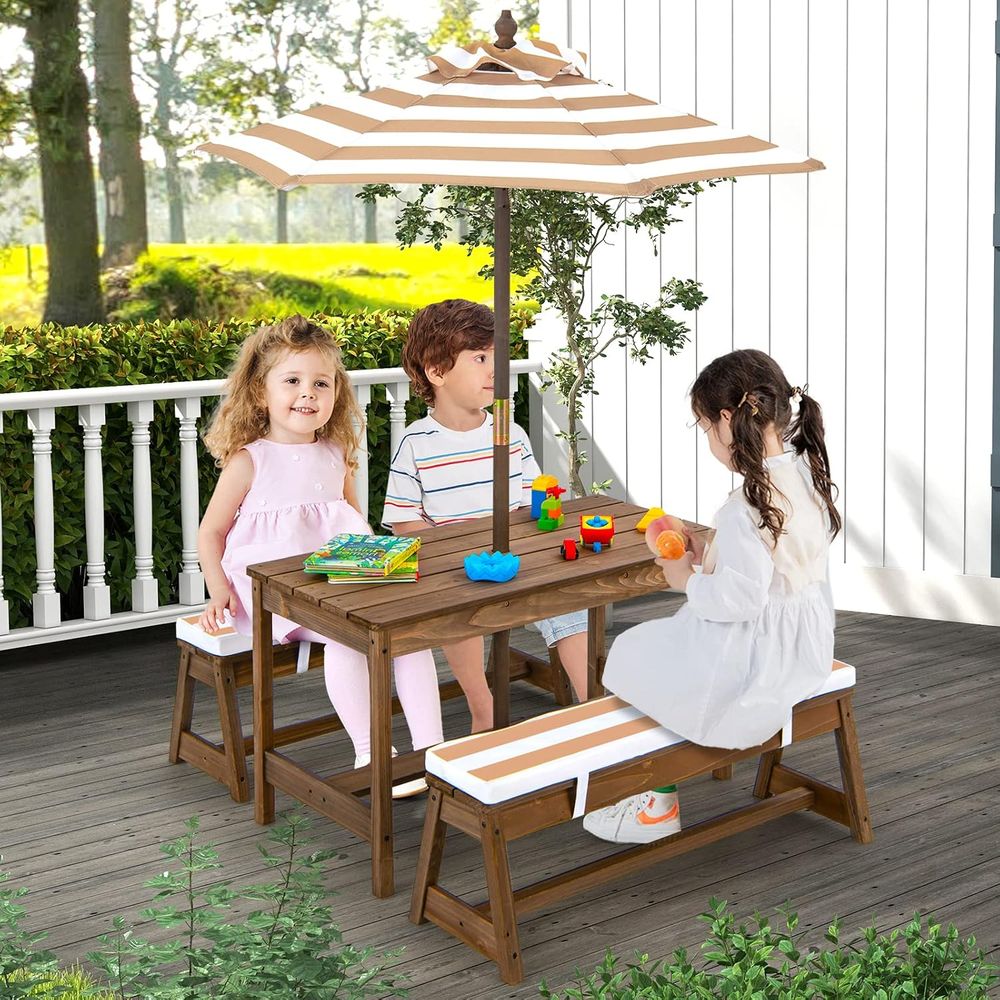 어린이 피크닉 테이블, 유아용 나무 테이블 및 의자 세 - Kids Outdoor Table And Chairs With Umbrella 리뷰 및 가격