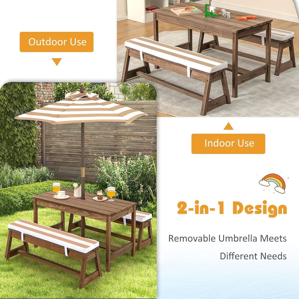 어린이 피크닉 테이블, 유아용 나무 테이블 및 의자 세 - Kids Outdoor Table And Chairs With Umbrella 리뷰 및 가격