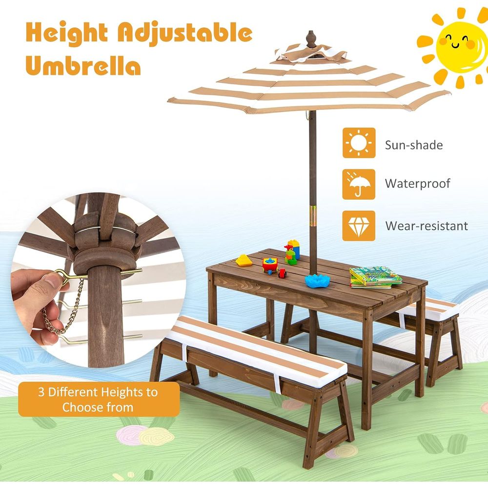 어린이 피크닉 테이블, 유아용 나무 테이블 및 의자 세 - Kids Outdoor Table And Chairs With Umbrella 리뷰 및 가격