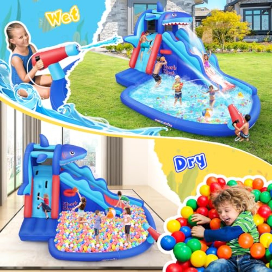 야외/실내용 어린이용(3~12세) 상어 테마 파란색과  - Kids Outdoor Inflatable Water Slide 리뷰 및 가격