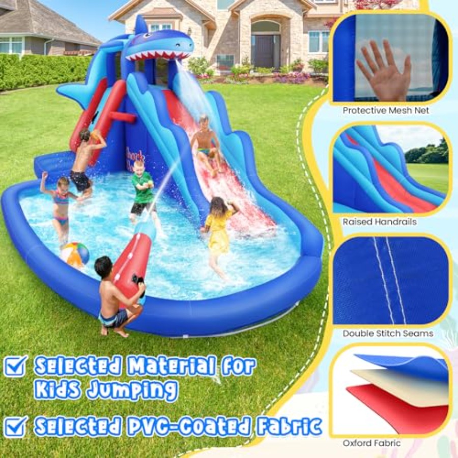 야외/실내용 어린이용(3~12세) 상어 테마 파란색과  - Kids Outdoor Inflatable Water Slide 리뷰 및 가격