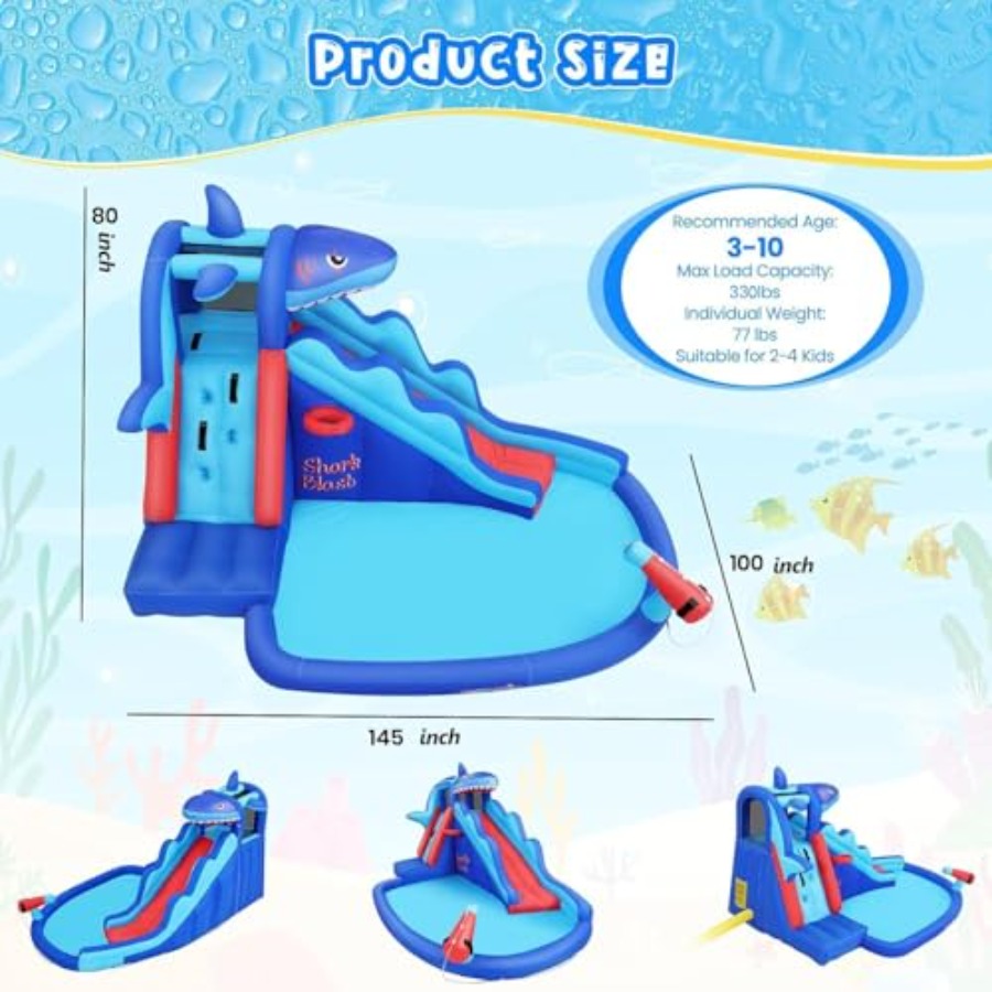 야외/실내용 어린이용(3~12세) 상어 테마 파란색과  - Kids Outdoor Inflatable Water Slide 리뷰 및 가격
