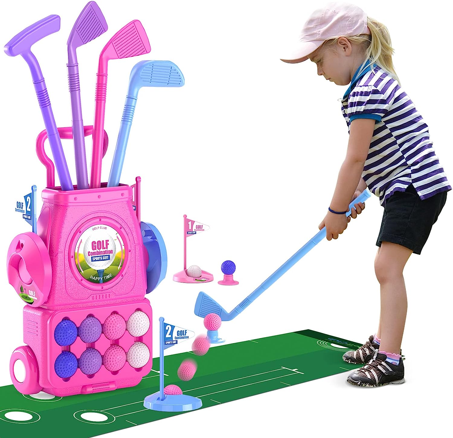 핑크 어린이 골프 클럽 세트 퍼팅 매트 포함 4개의 유 - Kids Indoor Outdoor Cart 리뷰 및 가격